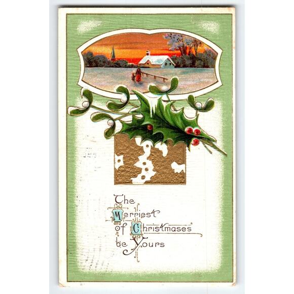 Vintage 1911 Christmas Postcard Snowy Cottage & Holly with Gold Emboss - Picture 1 of 2